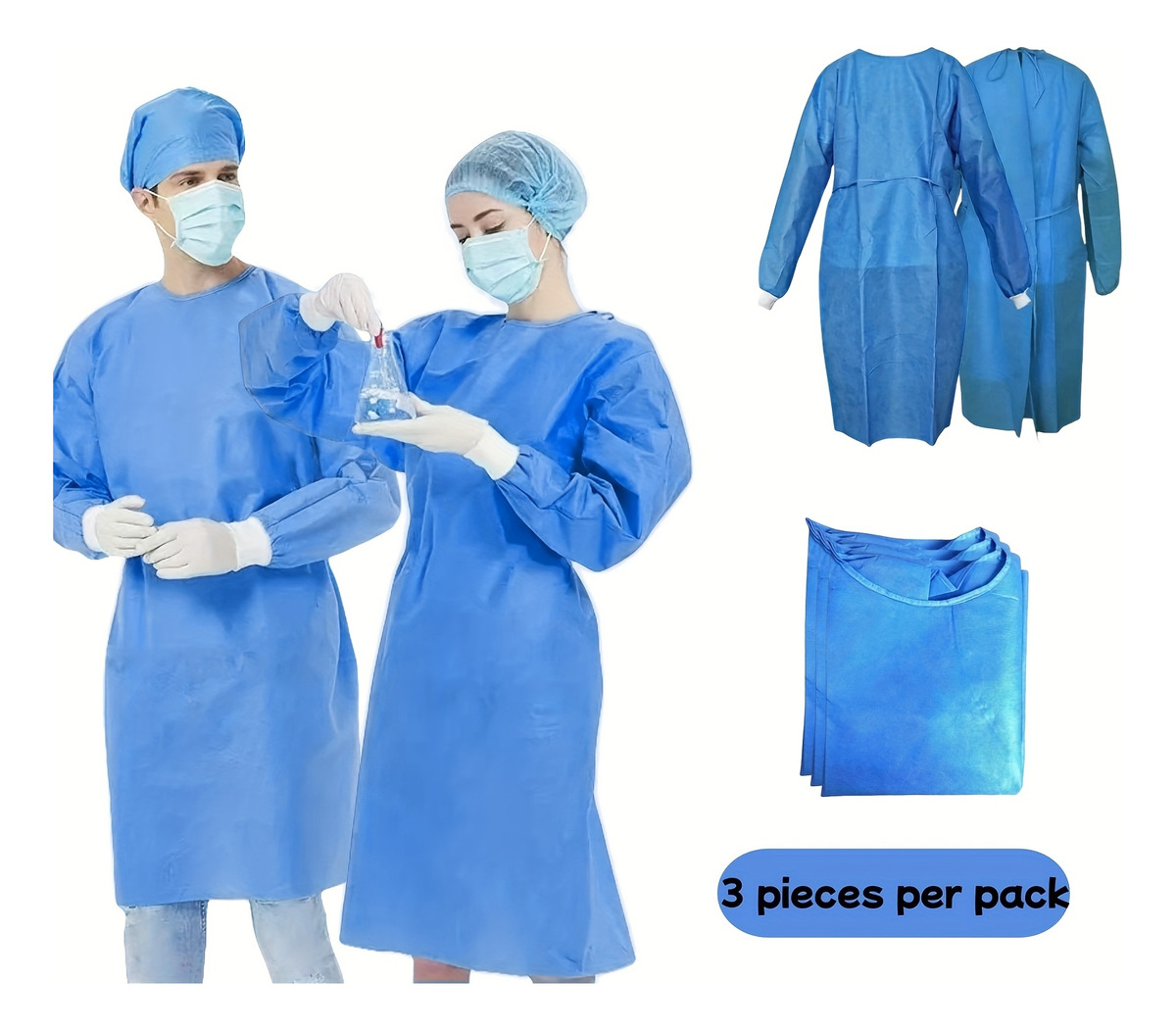 Medical Lab Gown - 3 Stück 45gsm SMS Dreischichtiger Verbund-Vliesstoff